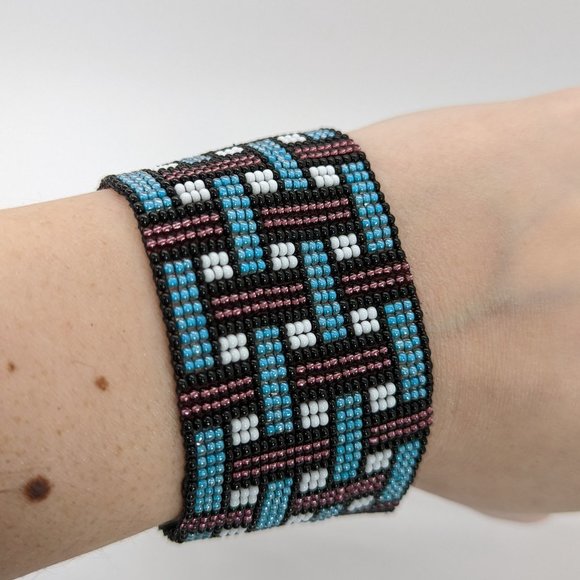 Hand Crafted Jewelry - Loom Beaded Bracelet Purple & Teal w/ Leather Ends